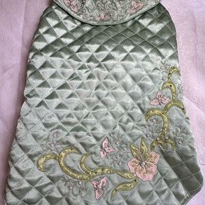 Oscar Newman Lux Quilted Satin Embroidered Dog Coat Sage Green with Pink Floral